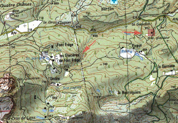 Plan de situation des glaciÃ¨res de Font FrÃ¨ge - (zoom)